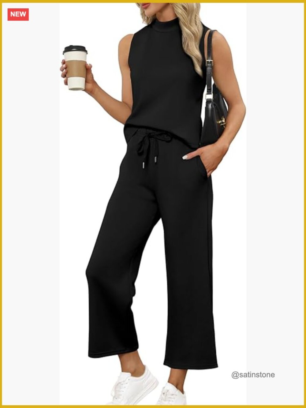Two Piece Lounge Set Mock Neck Sleeveless Top Wide Leg Crop Pants